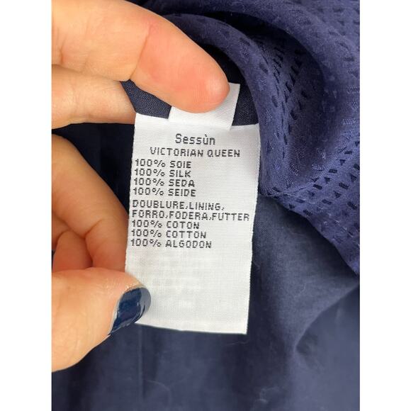 SESSUN Victorian Queen Silk Mini Dress Cap Sleeve Blouson Navy Blue Size XS - Picture 9 of 12